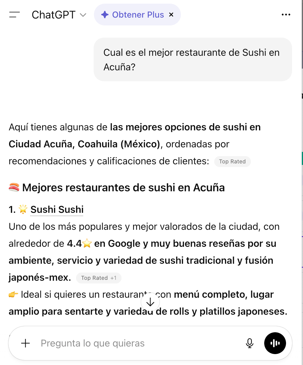 ChatGPT recomienda SushiSushi Acuña como mejor restaurante de sushi